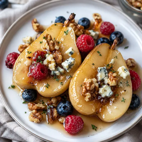 Baked pears with honey, blue cheese, walnuts, berries, and thyme