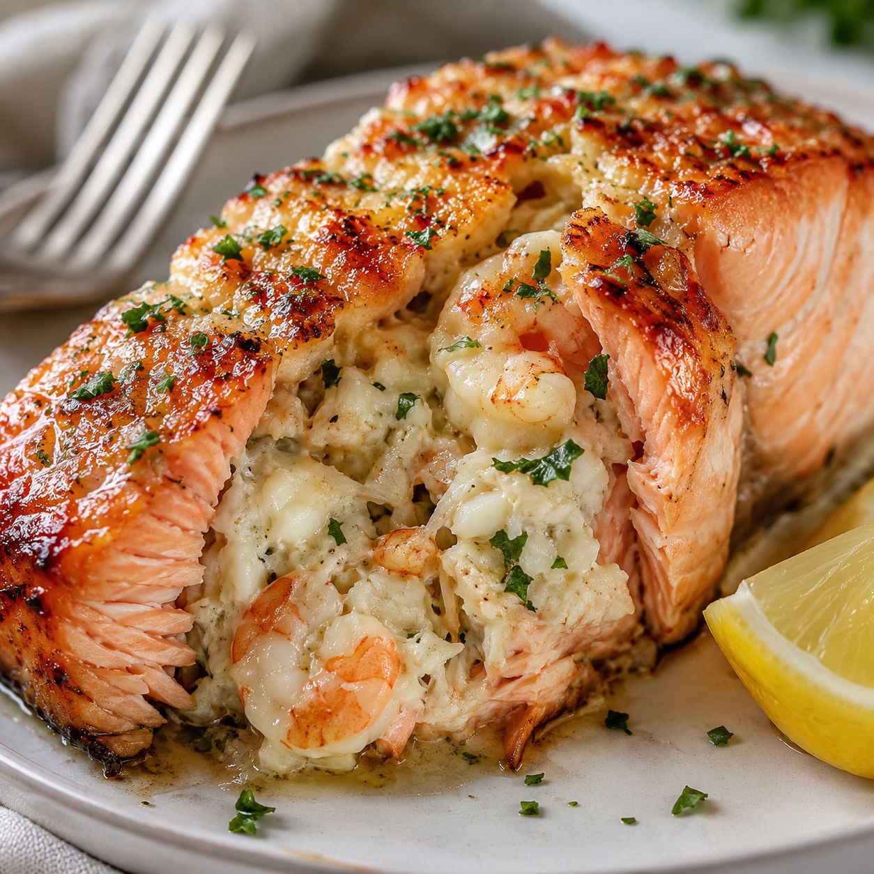 Crab and shrimp stuffed salmon with creamy filling and lemon