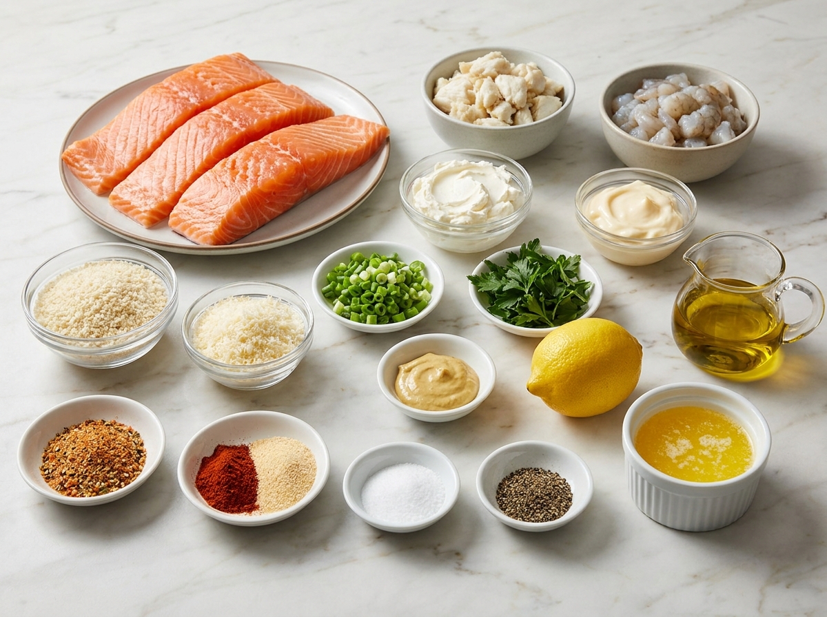 Ingredients for crab and shrimp stuffed salmon on a marble counter