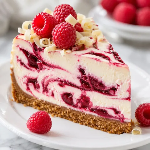 Raspberry white chocolate swirl cheesecake with berries and white chocolate curls