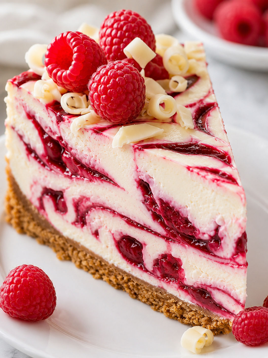 Elegant Raspberry White Chocolate Swirl Cheesecake, plated and served