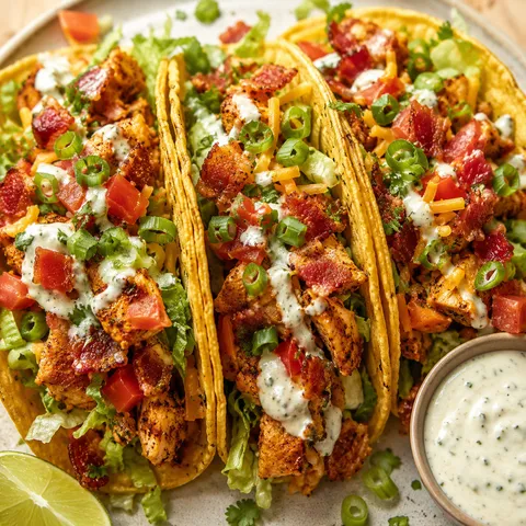 Chicken bacon tacos with lettuce, tomato, cheddar, and ranch-lime drizzle