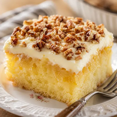 Slice of Elvis Presley cake with cream cheese frosting and pecans on a white plate