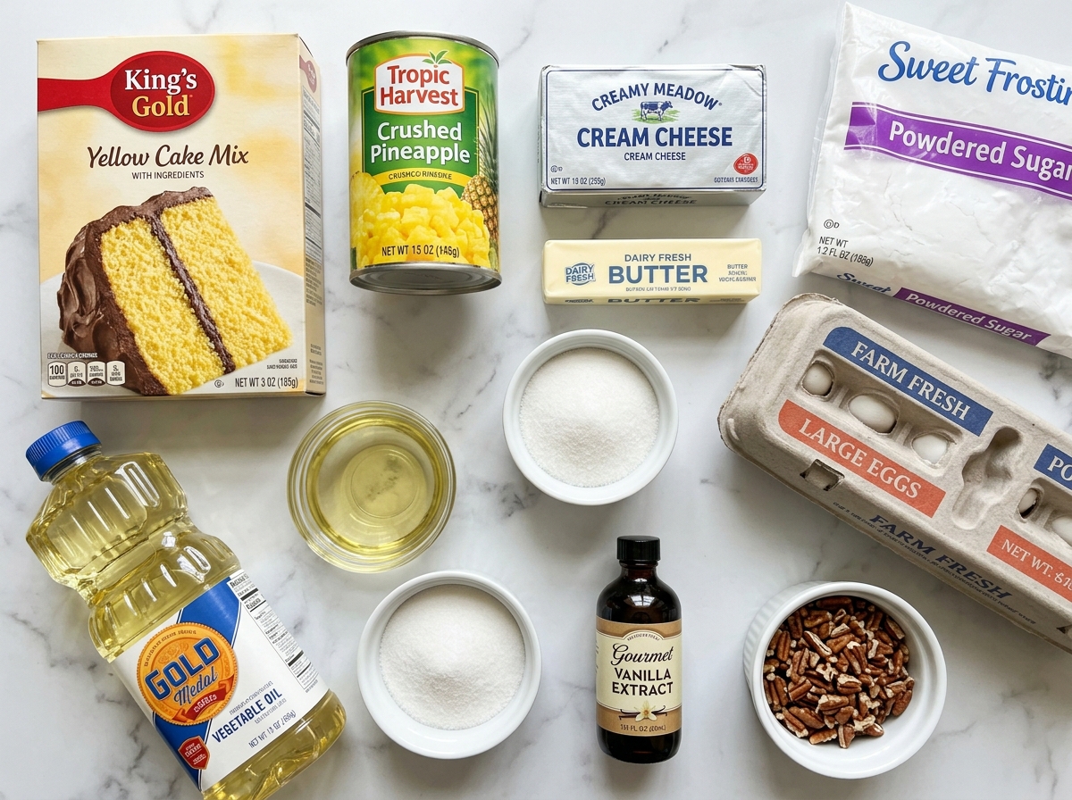 Ingredients for Elvis Presley cake including pineapple, cream cheese, and pecans