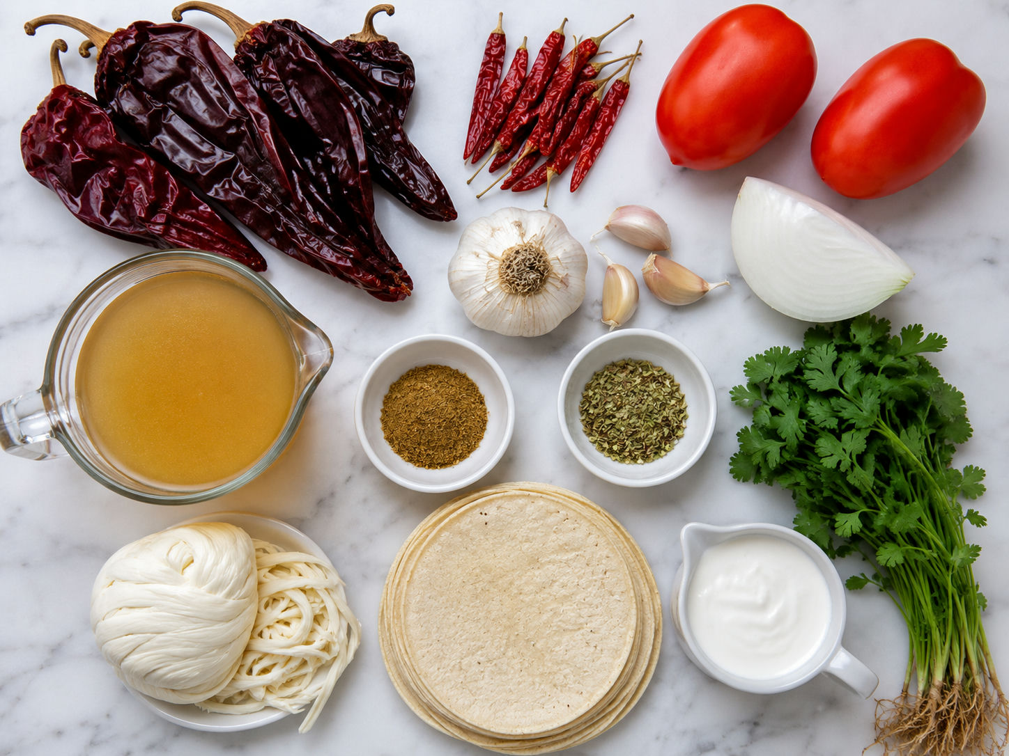 Raw ingredients for Enchiladas Suizas Rojas including dried guajillo chiles, Oaxaca cheese, chicken, and crema on a wood surface