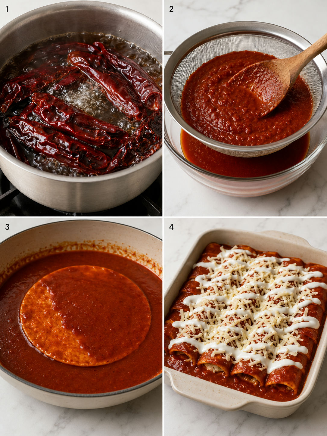 Four cooking steps for Enchiladas Suizas Rojas from softening guajillo chiles to assembling the baking dish