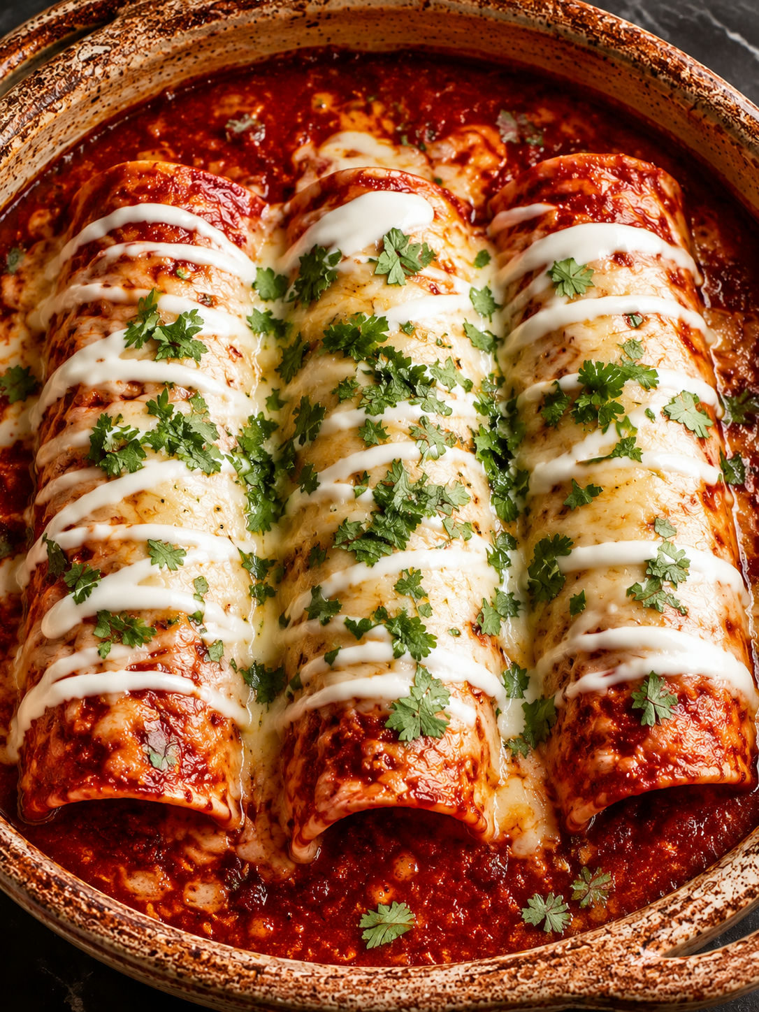 Overhead view of Enchiladas Suizas Rojas in a ceramic dish with red chile sauce, melted cheese, and crema