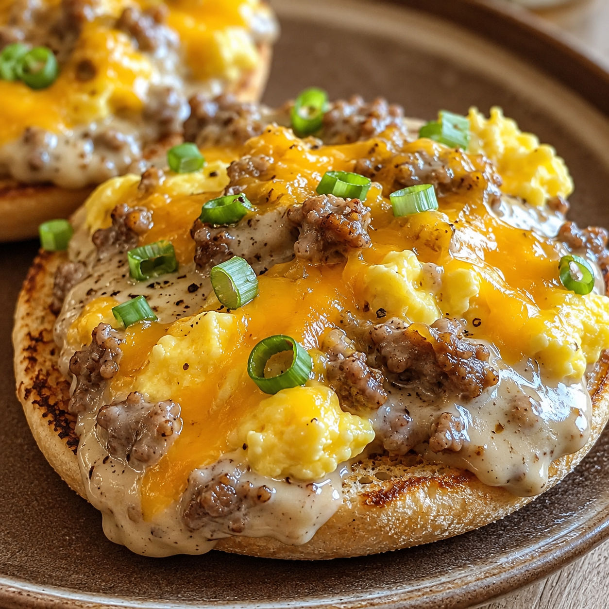 English muffin breakfast pizzas with sausage gravy, eggs, cheddar, and green onion