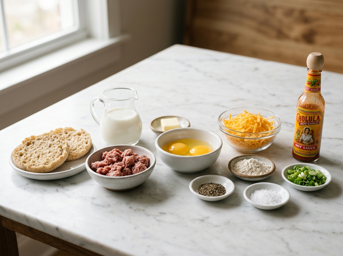 Ingredients for English muffin breakfast pizzas with sausage, eggs, gravy, and cheddar