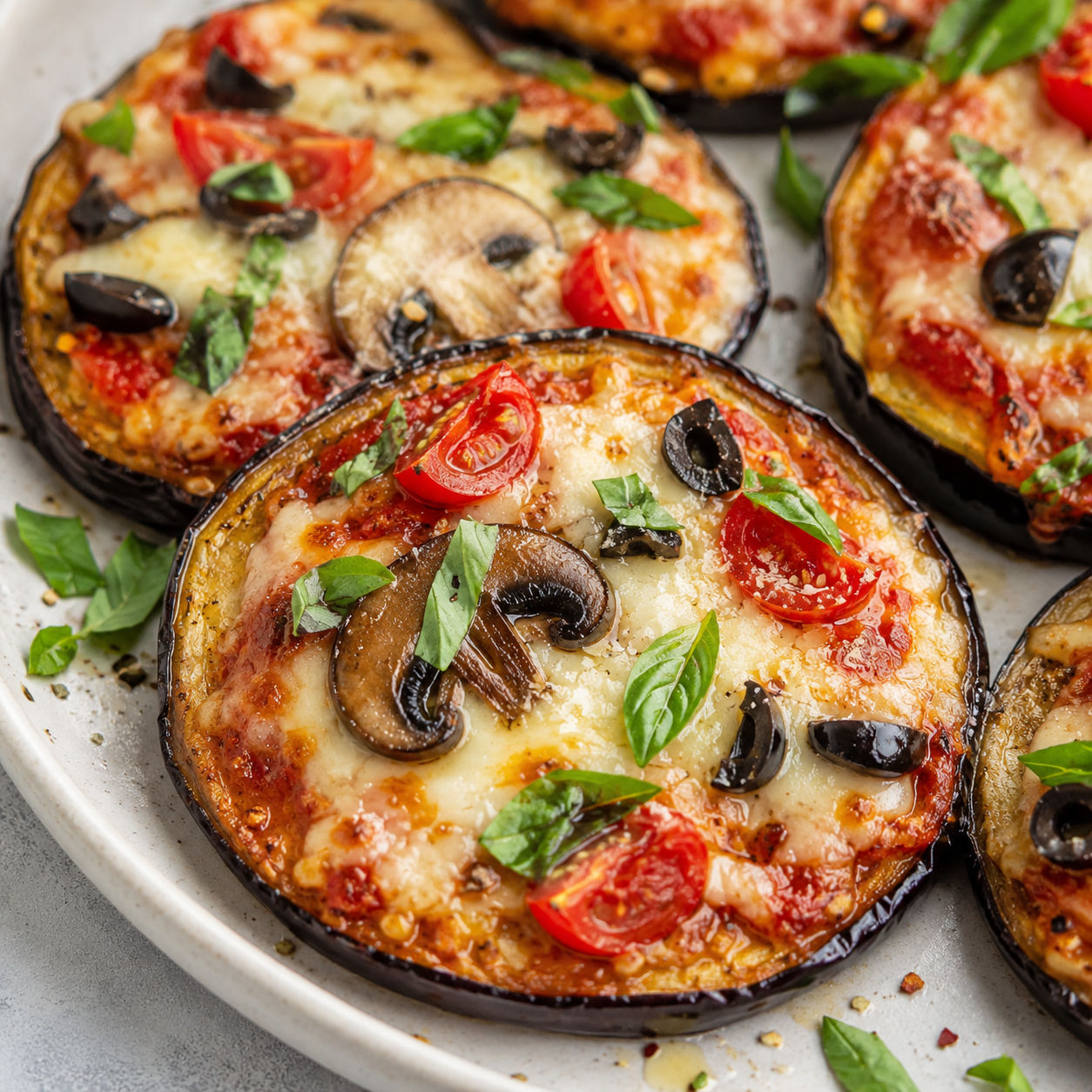 Air-fried eggplant pizza rounds with melted cheese, olives, tomatoes, and basil