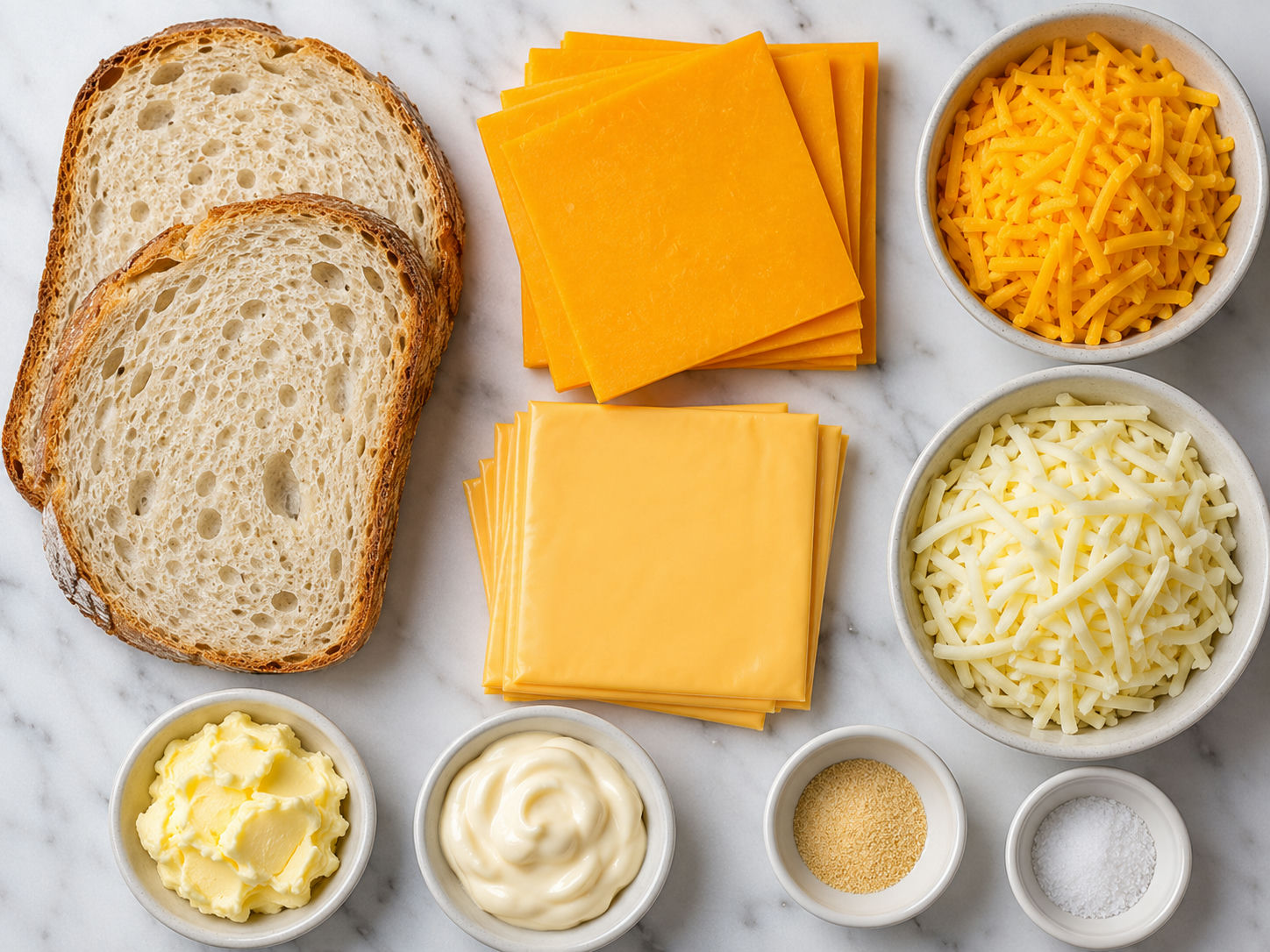 Sourdough, cheddar, mozzarella, butter, mayonnaise, and garlic powder