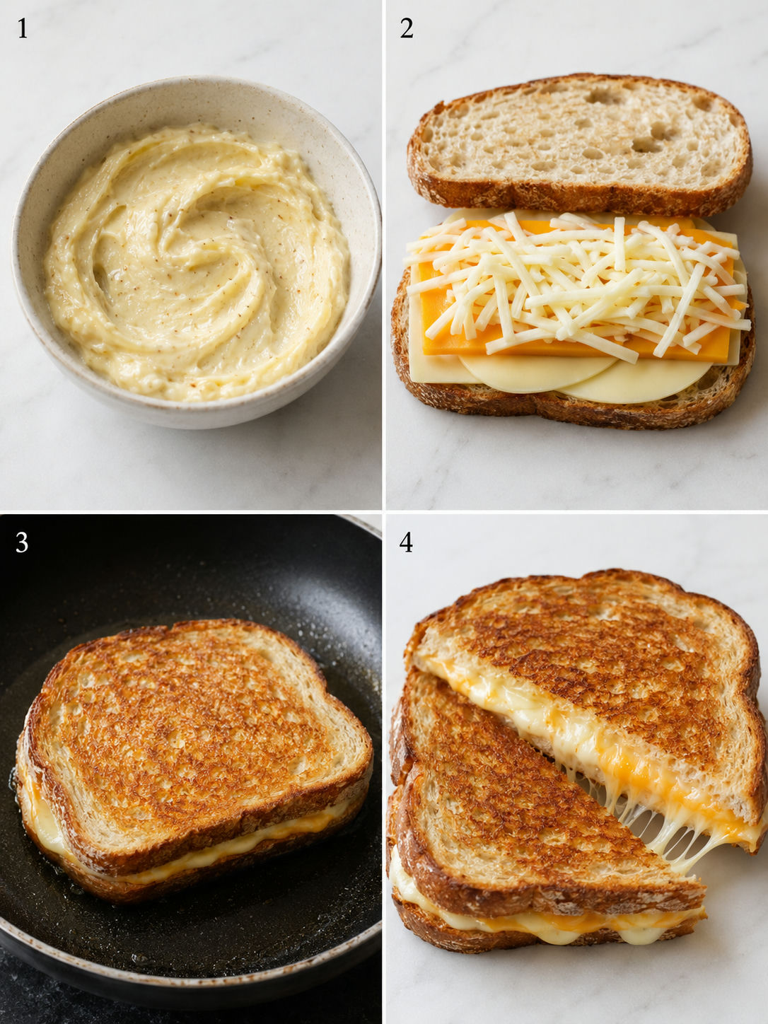 Four steps for making a buttery cheesy grilled cheese sandwich