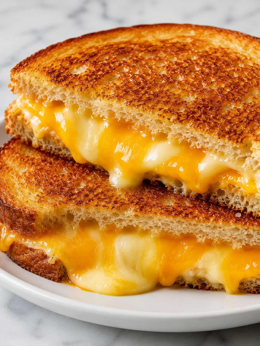 Stacked buttery grilled cheese halves with a thick melted cheese pull