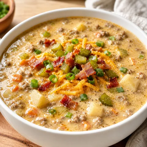 Creamy cheeseburger soup with cheddar, pickles, bacon, and scallions