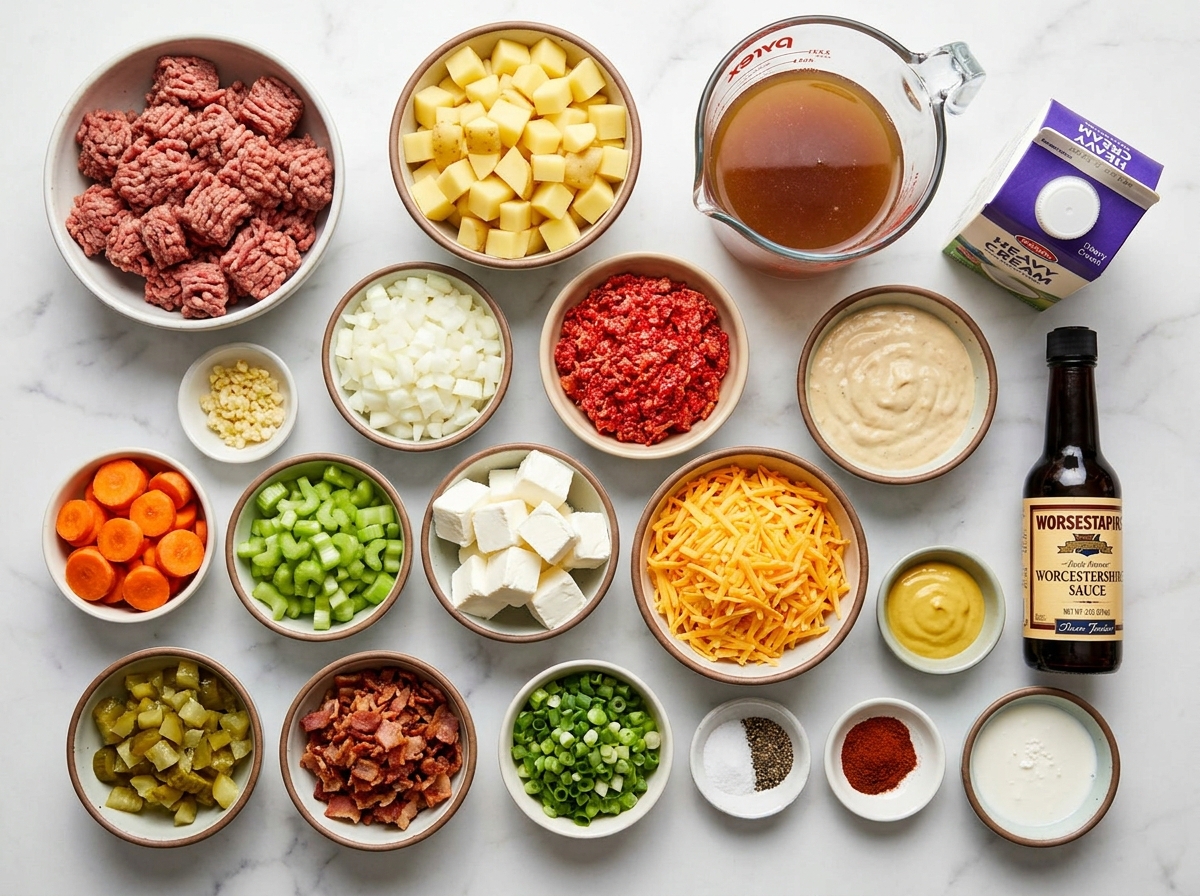 Ingredients for creamy slow cooker cheeseburger soup on a kitchen counter