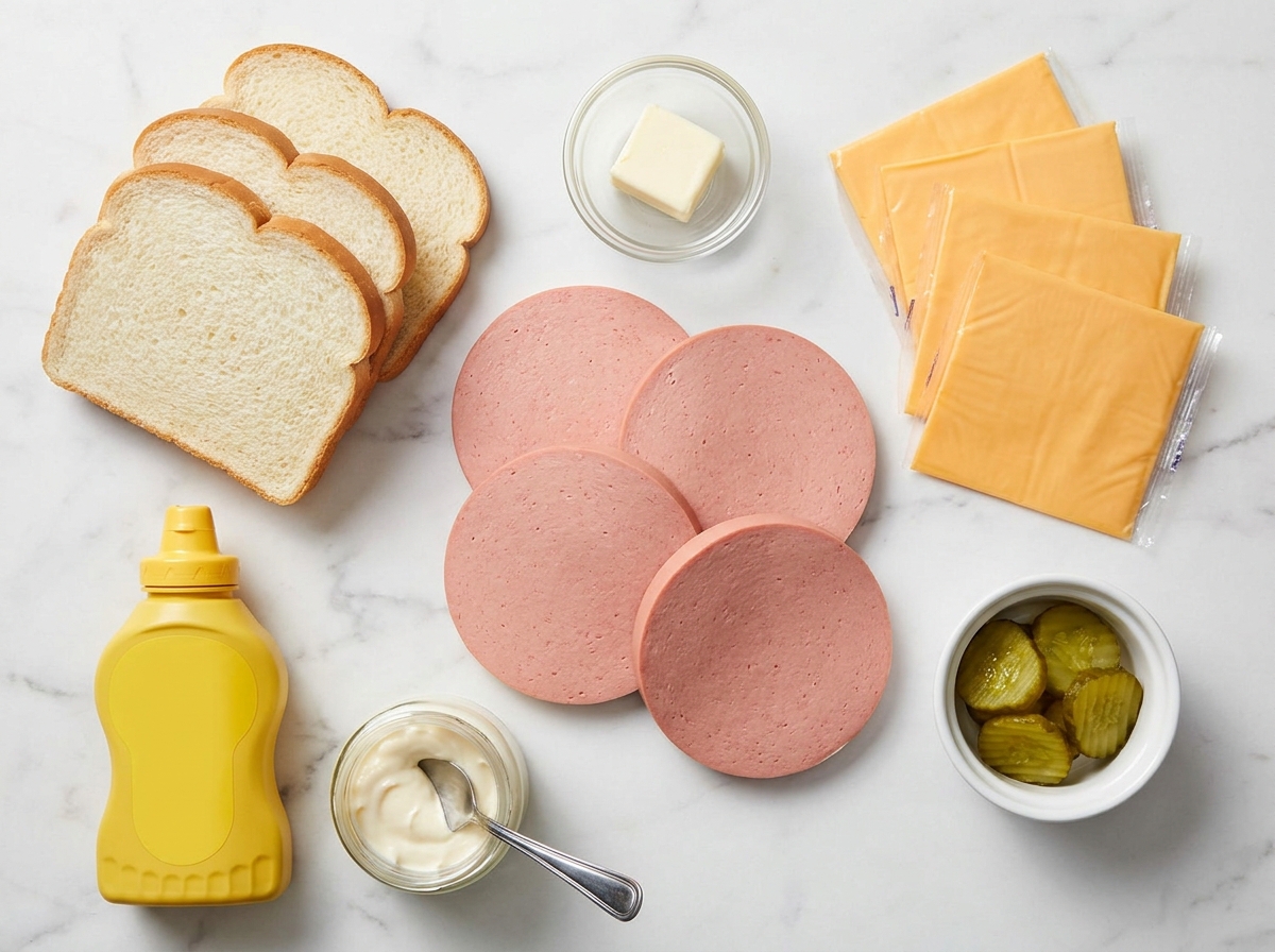 Raw ingredients for fried bologna sandwich including thick bologna, butter, bread, mustard, mayo, cheese, and pickles