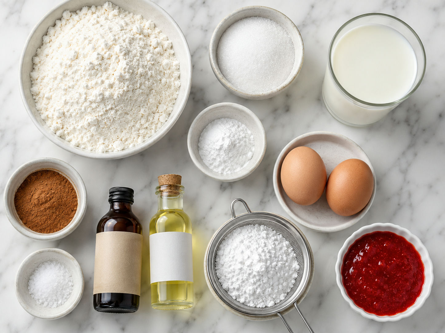 Ingredients for funnel cake bites with flour, eggs, milk, oil, and powdered sugar