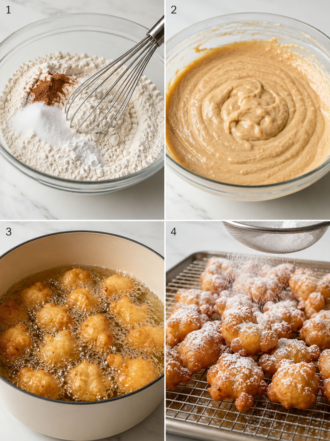 Four steps for making funnel cake bites from batter to powdered sugar