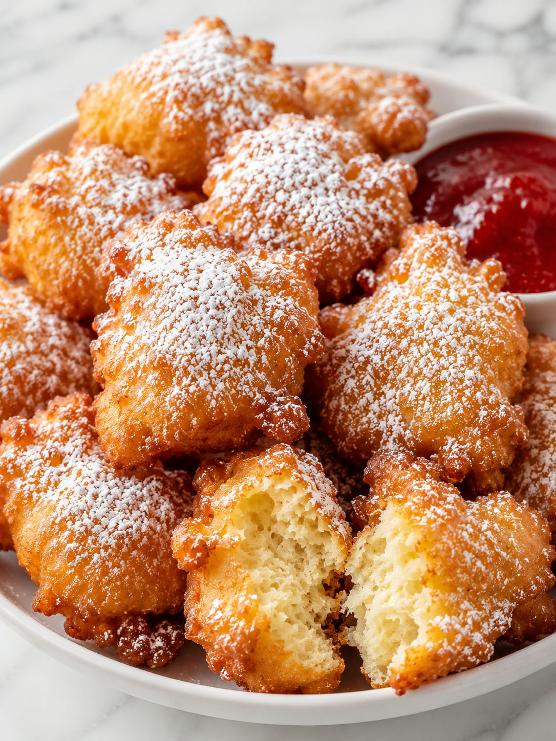 Golden funnel cake bites dusted with powdered sugar and served with strawberry sauce