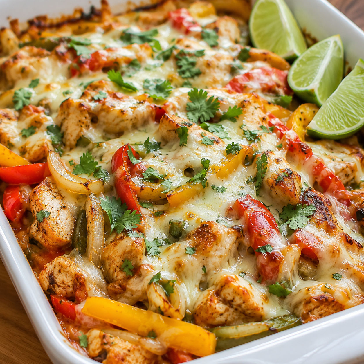 Fajita Chicken Casserole with melted cheese, peppers, cilantro, and lime