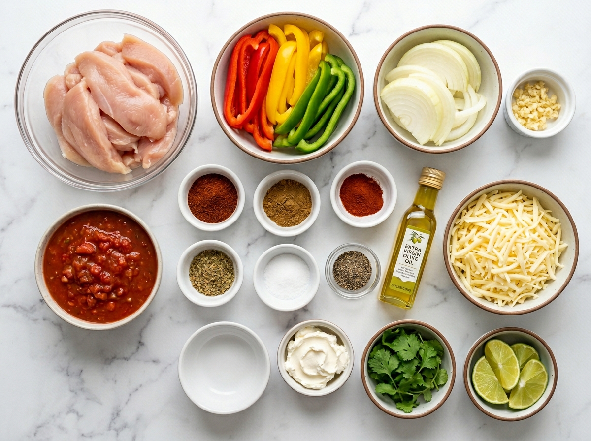 Ingredients for Fajita Chicken Casserole with chicken, peppers, spices, and cheese