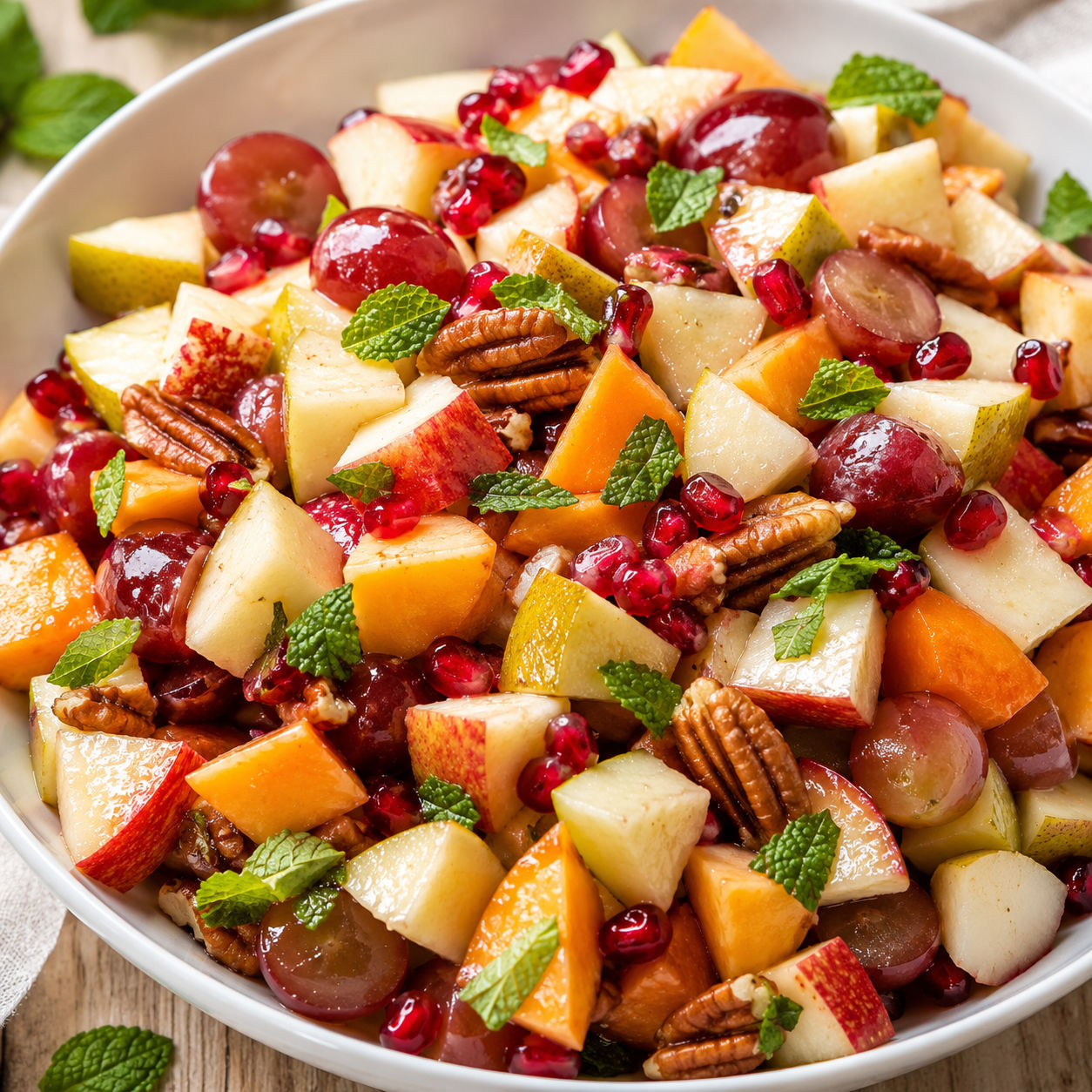 Fall fruit salad with apples, pears, pomegranate and pecans in a white bowl