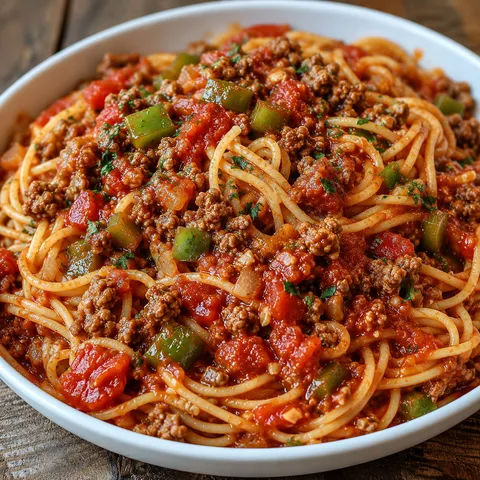 Italian pasta with ground chuck tomato sauce and parsley in a white bowl