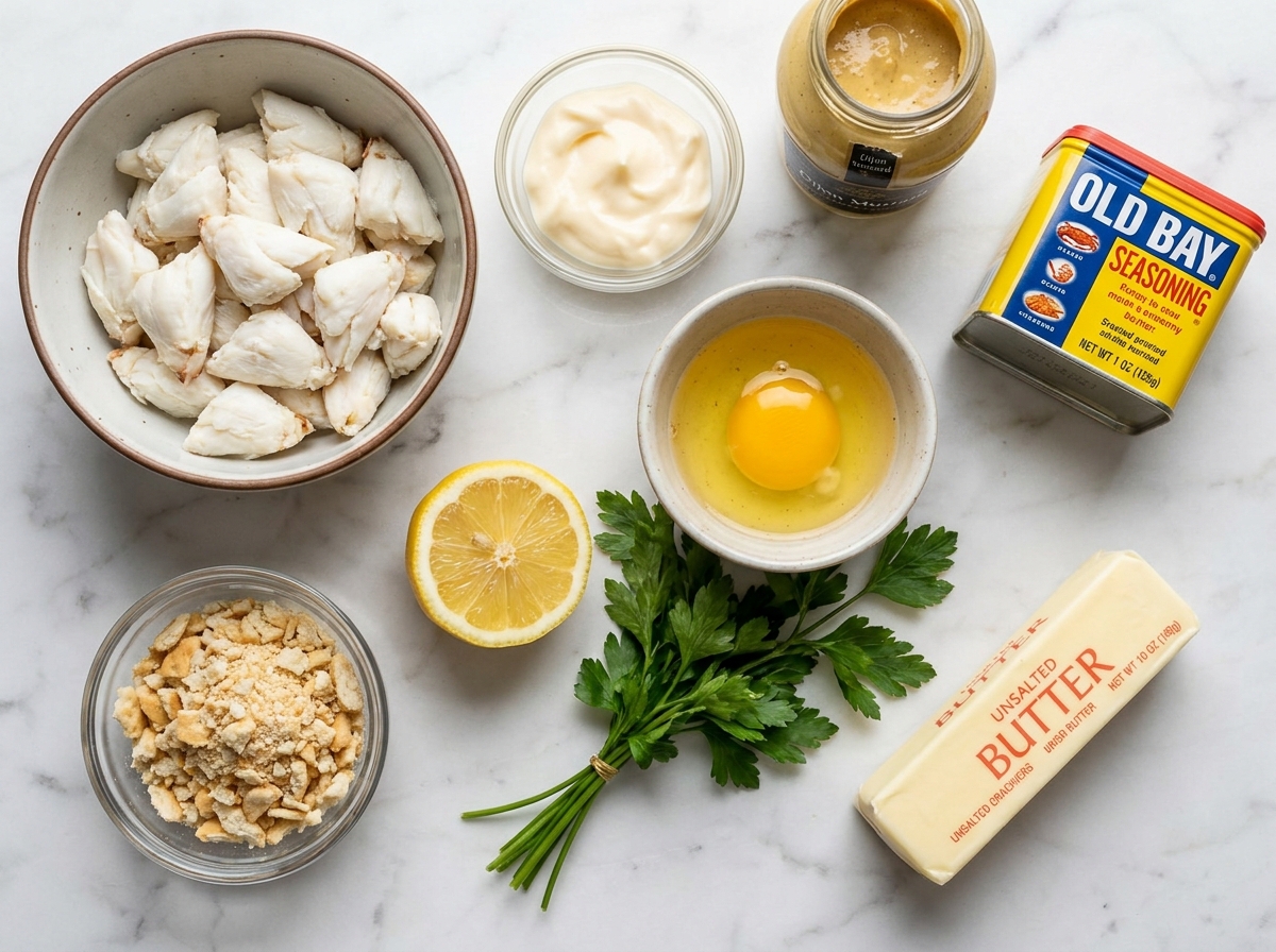 Jumbo lump crab meat, Old Bay, lemon, butter, and seasonings on a wooden board
