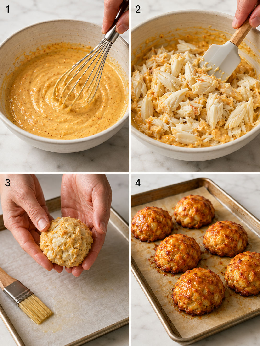 Four cooking steps showing mixing, folding, shaping, and baking famous crab bombs