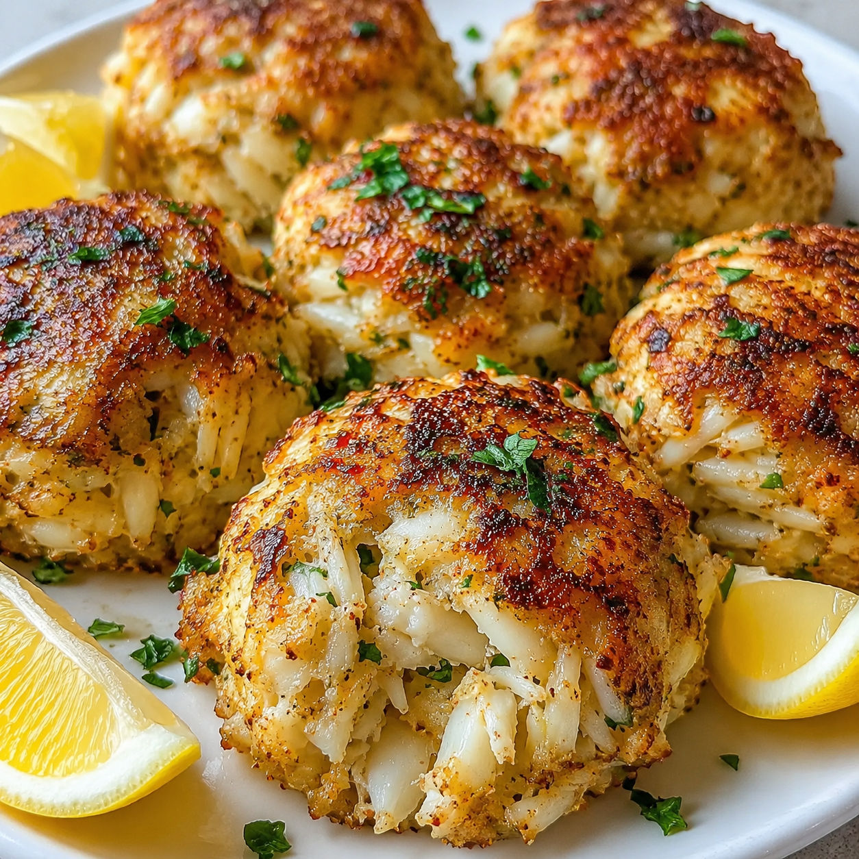 Golden jumbo lump crab bombs with Old Bay, butter, parsley, and lemon