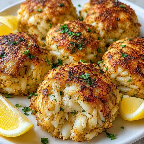 Golden jumbo lump crab bombs with Old Bay, butter, parsley, and lemon