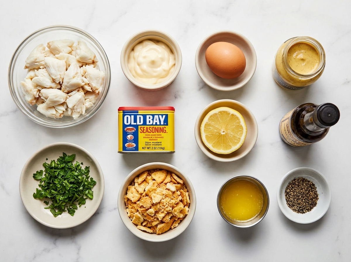 Ingredients for jumbo lump crab bombs with butter, lemon, crackers, and Old Bay