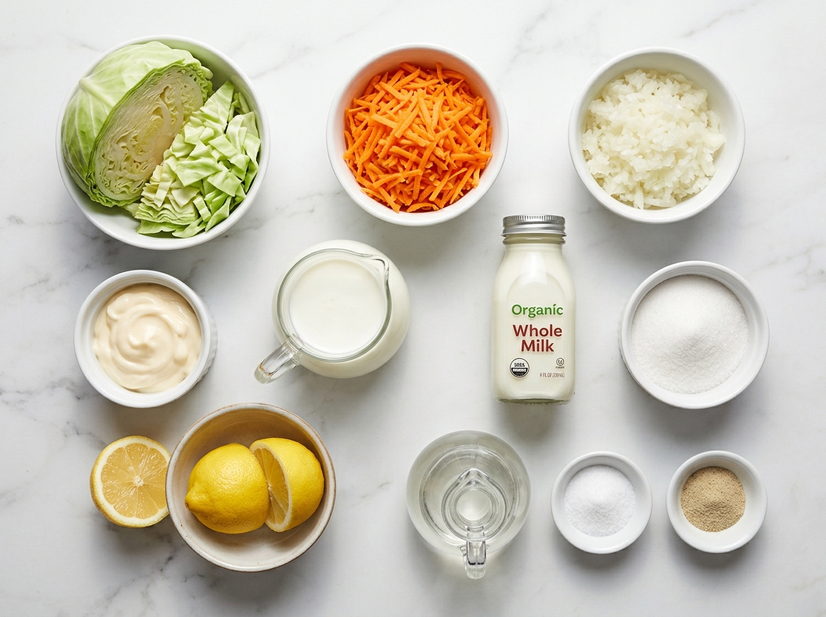 Cabbage, carrot, buttermilk, mayo, lemon, and vinegar for coleslaw