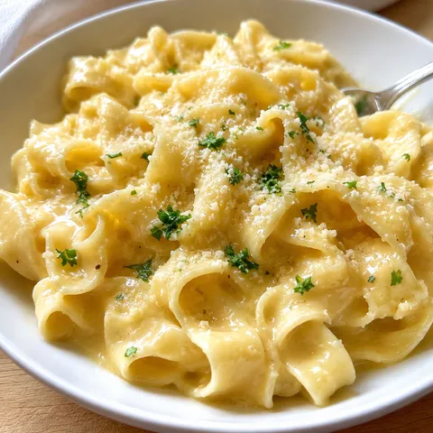 Creamy cafeteria noodles with parsley and parmesan in a white bowl