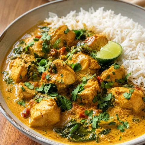 Chicken curry with spinach, cilantro, lime, and rice in a shallow bowl