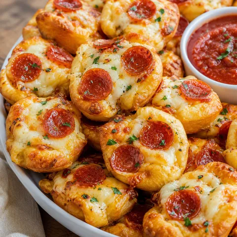 Golden pizza roll poppers with pepperoni, mozzarella, parsley, and marinara
