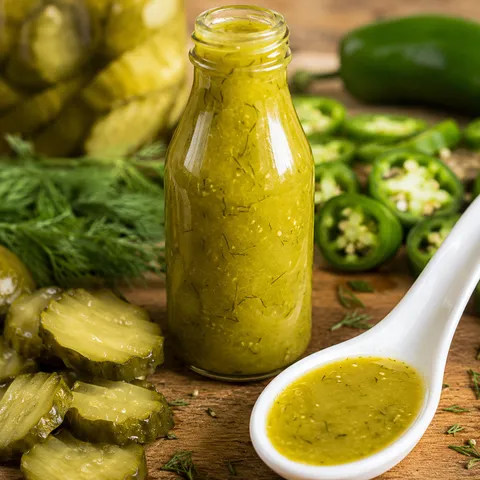 Green fermented dill pickle hot sauce with jalapenos and pickles