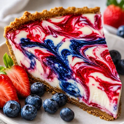 4th of July berry swirl cheesecake pie with strawberries and blueberries