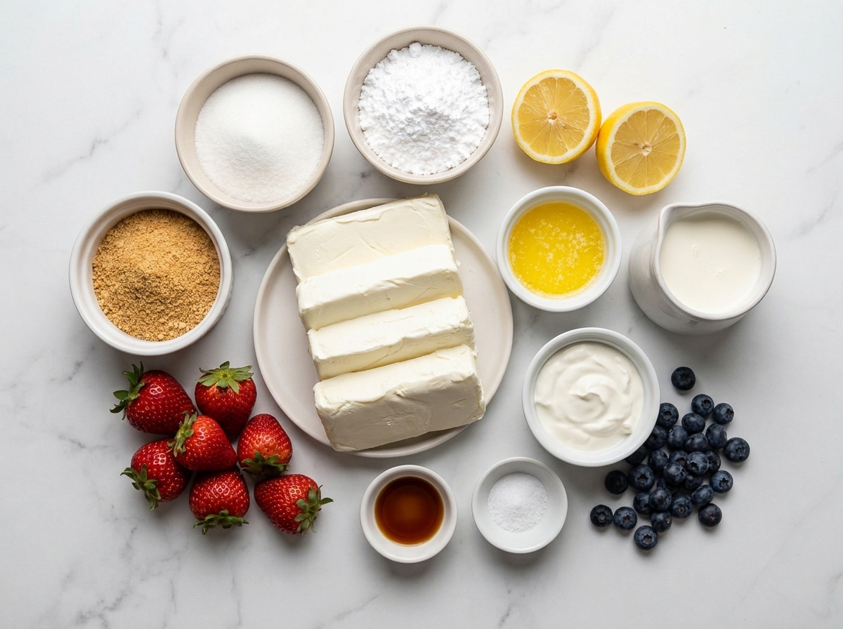 Ingredients for 4th of July berry swirl cheesecake pie on a wooden surface