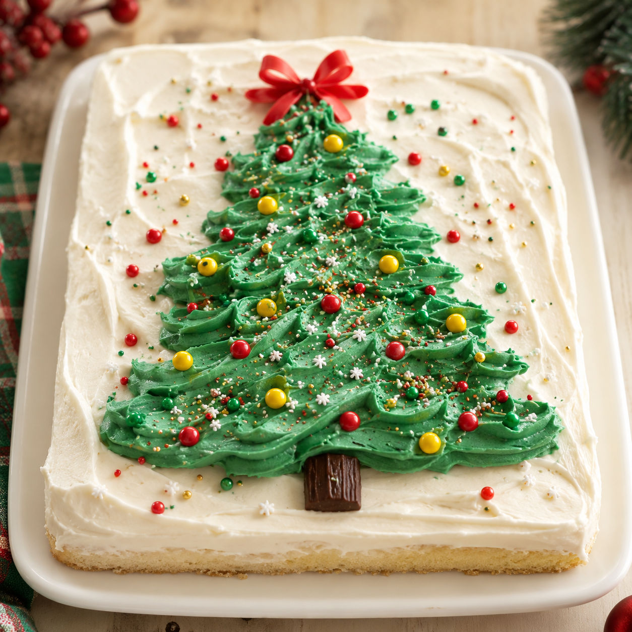 Christmas tree sheet cake with green buttercream and candy ornaments