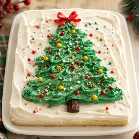 Christmas tree sheet cake with green buttercream and candy ornaments