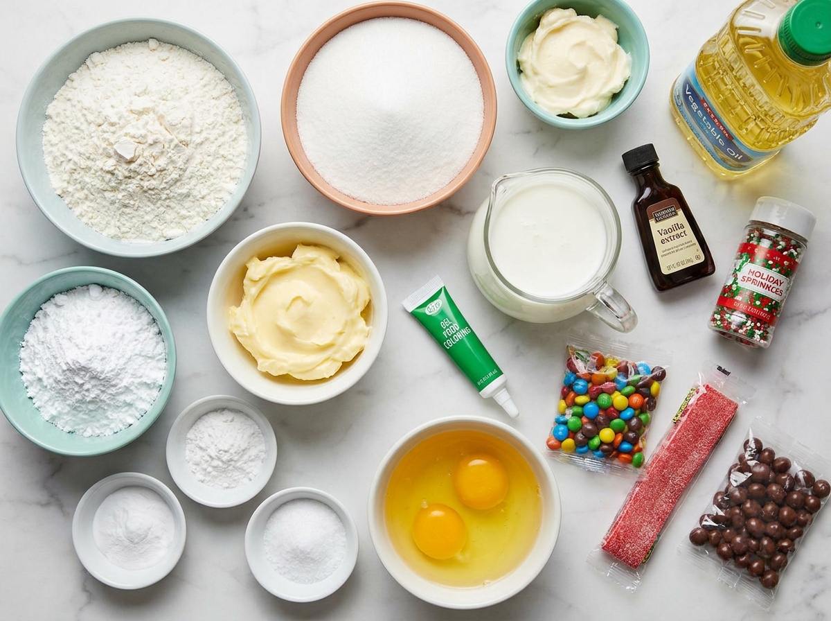 Ingredients for Christmas tree sheet cake with sprinkles, butter, and candies