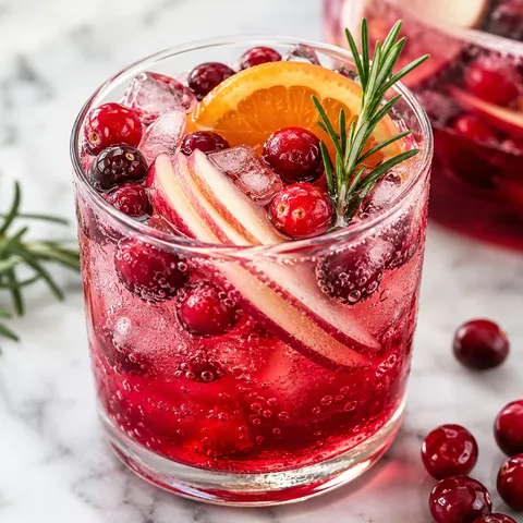 Cranberry apple mocktail with cranberries, apple slices, orange, and rosemary