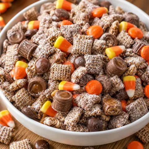 Festive Halloween buddy mix with candy corn, chocolate candies, and coated cereal
