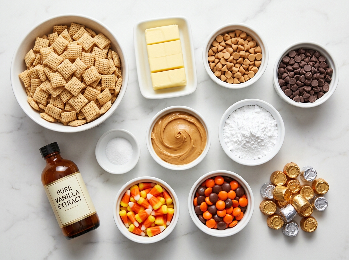Ingredients for Halloween buddy mix with cereal, chocolate, peanut butter, and candy
