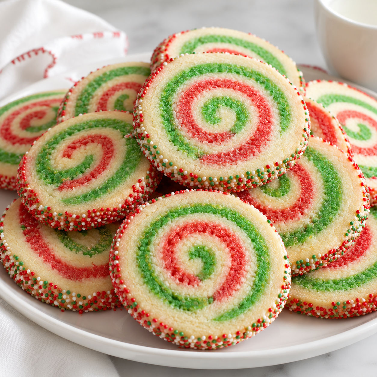 Red and green holiday pinwheel cookies with sprinkle edges on a white platter