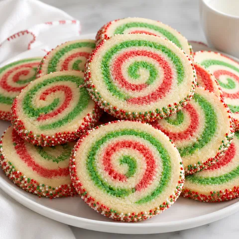 Red and green holiday pinwheel cookies with sprinkle edges on a white platter