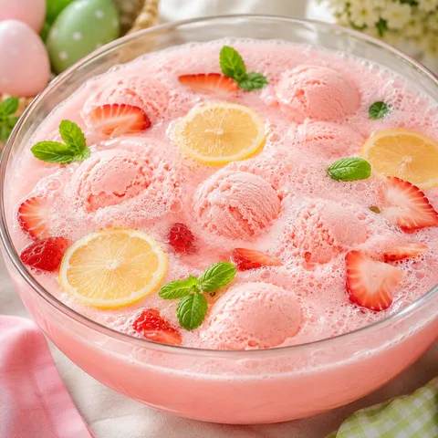 Pink Easter punch with sherbet, strawberries, lemon slices, and mint