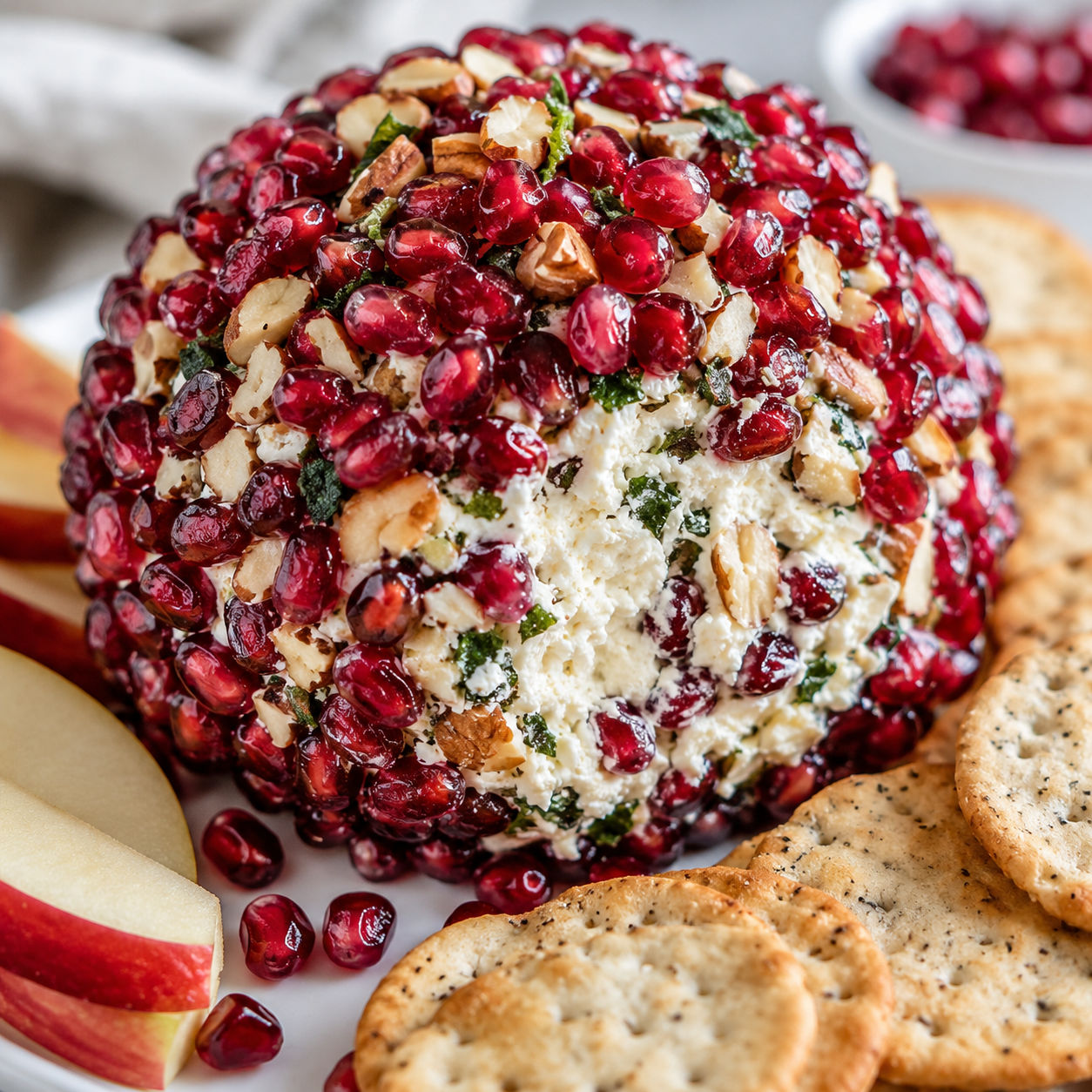 Pomegranate jeweled cheeseball with almonds and crackers on a white platter