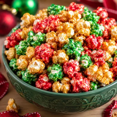Red and green Christmas caramel popcorn in a green bowl